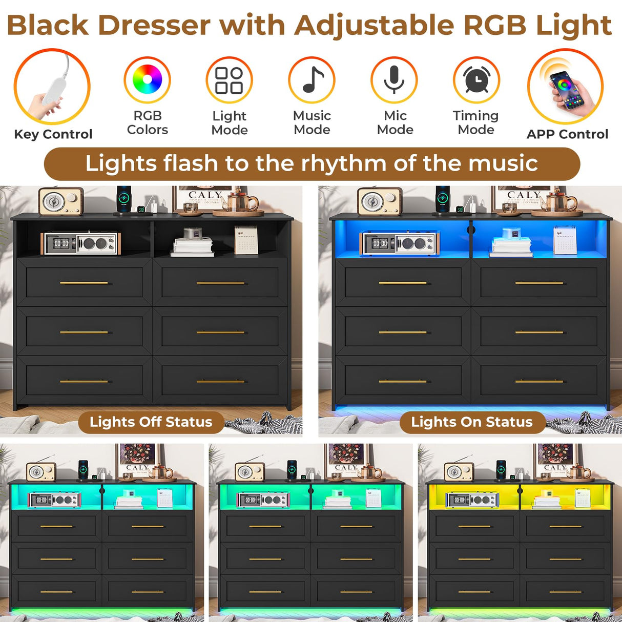 VIAGDO 6 Drawer Dresser with LED Lights and Charging Station, Black Bedroom Dresser with Open Storage, Modern Wood Chest of 6 Drawers Closet Organizers Storage Cabinet for Bedroom VIAGDO