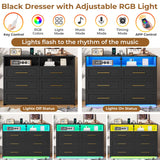 VIAGDO 6 Drawer Dresser with LED Lights and Charging Station, Black Bedroom Dresser with Open Storage, Modern Wood Chest of 6 Drawers Closet Organizers Storage Cabinet for Bedroom VIAGDO