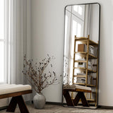 HARRITPURE 56" x 21" Rounded Full Length Mirror Aluminum Frame Black Mirror Full Length Floor Mirror with Stand for Living Room Bedroom Cloakroom HARRITPURE