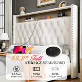Jocisland King Size Bed Frame 53.6'' Tall Headboard LED Lights and Charging Station, Velvet Hign Upholstered Platform Bed Wingback Storage, No Box Spring Needed, Motion Activated Light, Cream Jocisland