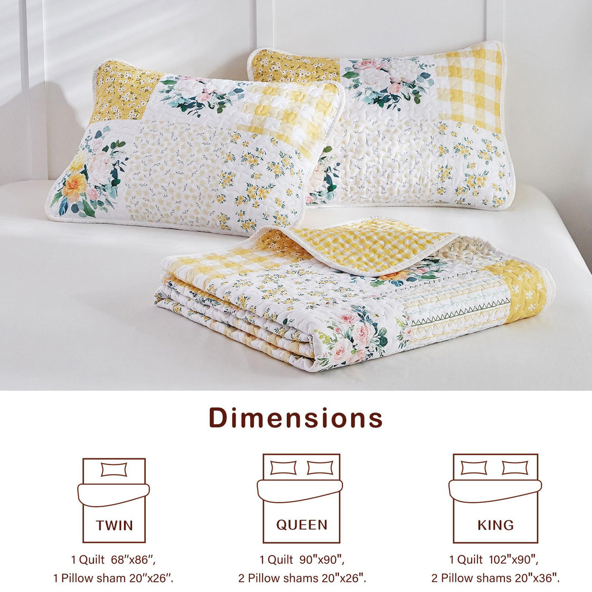 Joyreap 3 Pieces Floral Patchwork Quilt Set Queen, Yellow n White Flowers Design, Soft n Cozy Microfiber Quilt, Bedspread Bed Cover for All Season, 1 Quilt and 2 Pillow Shams- 90x90 inches Joyreap