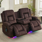 URRED Power Reclining Loveseat Sofa with Console, RV Couch Loveseat Recliner Sofa with Massage & Heat, LED Light, Cupholders, Bluetooth Speakers, USB Charge Ports, Outlets, Velvet, Brown URRED