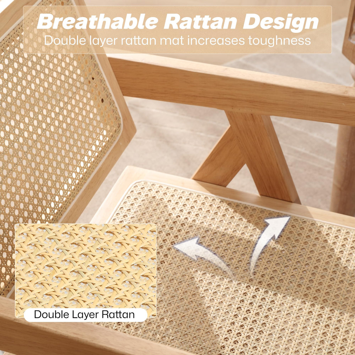 KCC Rattan Dining Room Chairs Set of 4, Comfy Modern Solid Wooden Boho Cane Kitchen Armchairs with Breathable Mesh Rattan Back and Seat for Restaurant/Kitchen/Living Room(Natural) KCC