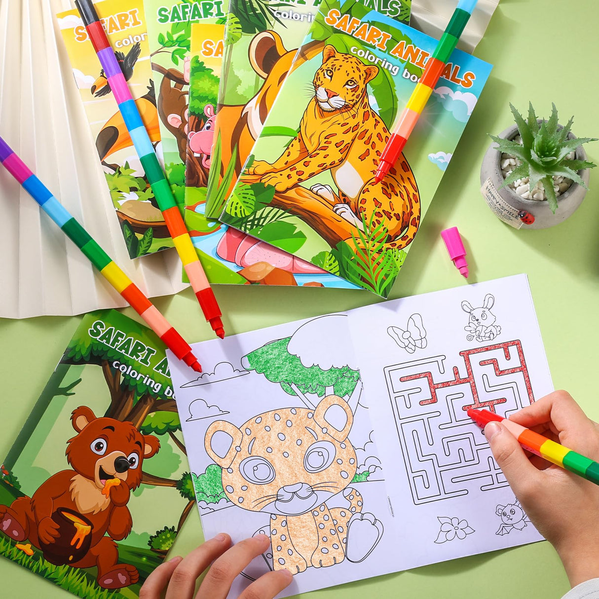 BenLouis 24 Jungle Safari Mini Coloring Books Kids with 24 Stacking Crayons Zoo Animals Party Favors Activity Books Bulk for Kids Wild One Lion Goodie Bag Gift Stuffer Classroom Reward BenLouis
