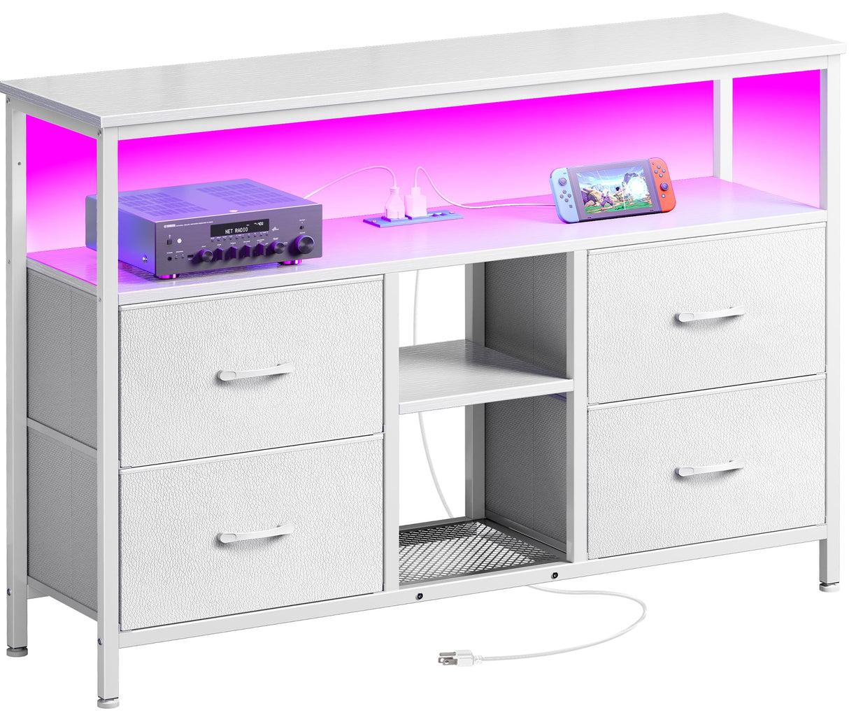 Huuger TV Stand Dresser with Power Outlets and LED Lights, 4 Drawers Entertainment Center with Open Shelf, Media Console for 50 43 Inch TV, Dresser with PU Finish, White Huuger
