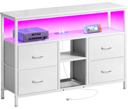 Huuger TV Stand Dresser with Power Outlets and LED Lights, 4 Drawers Entertainment Center with Open Shelf, Media Console for 50 43 Inch TV, Dresser with PU Finish, White