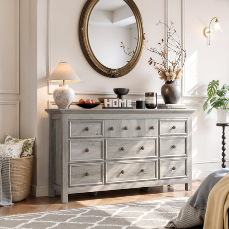 LGHM Dressers for Bedroom with 9 Drawers, 9 Drawer Dresser with Textured Borders, 58" W Chest of Drawers Closet Organizers and Storage Clothes - 6" Deep Drawer for Bedroom, Living Room,Gray LGHM