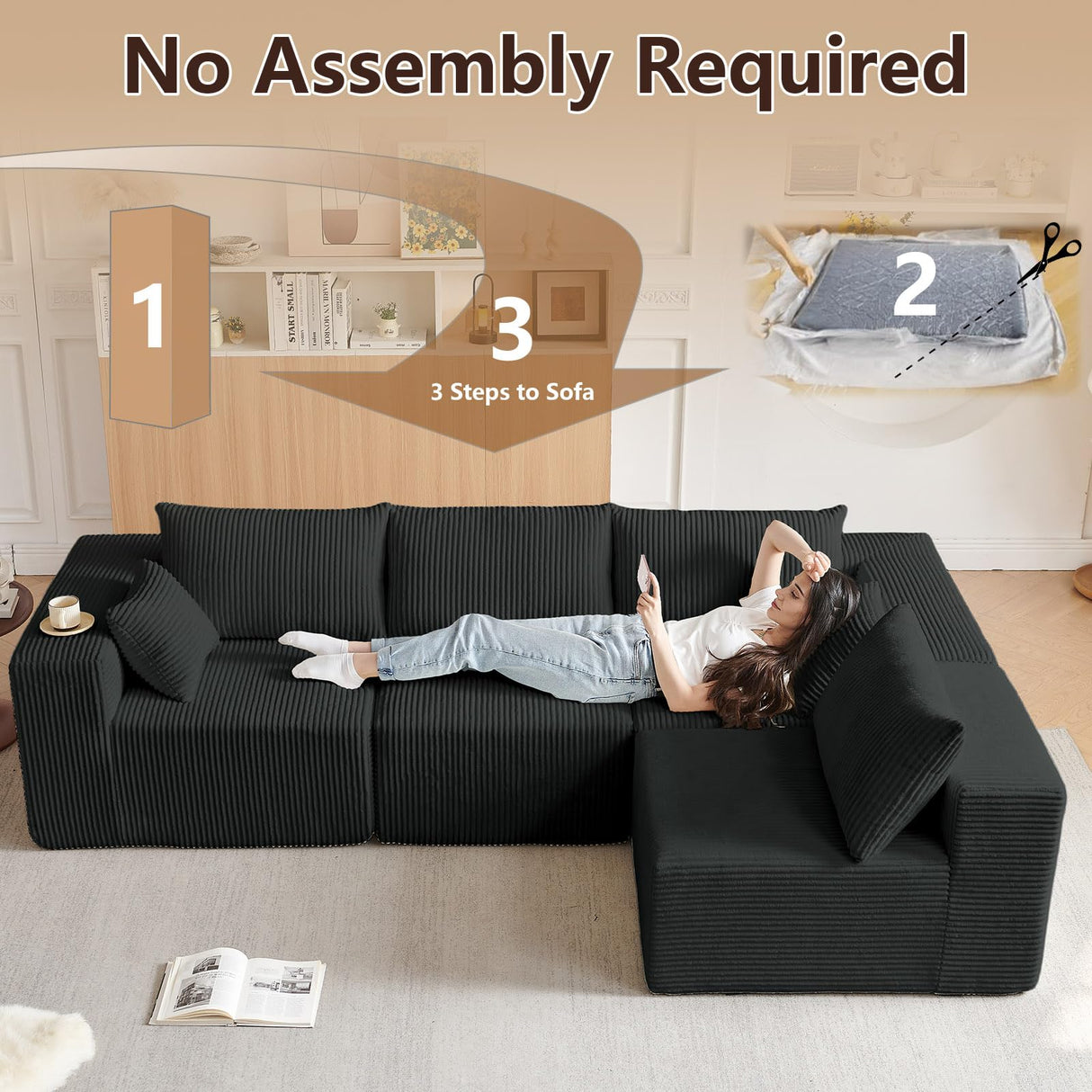 104" L-Shaped Corduroy Cloud Modular Sofa, Modern 4-Seater Sectional Couch with 6 Pillows, Deep Seat Upholstered Convertible Sofa Bed for Living Room, No Assembly Required (Black) atosela