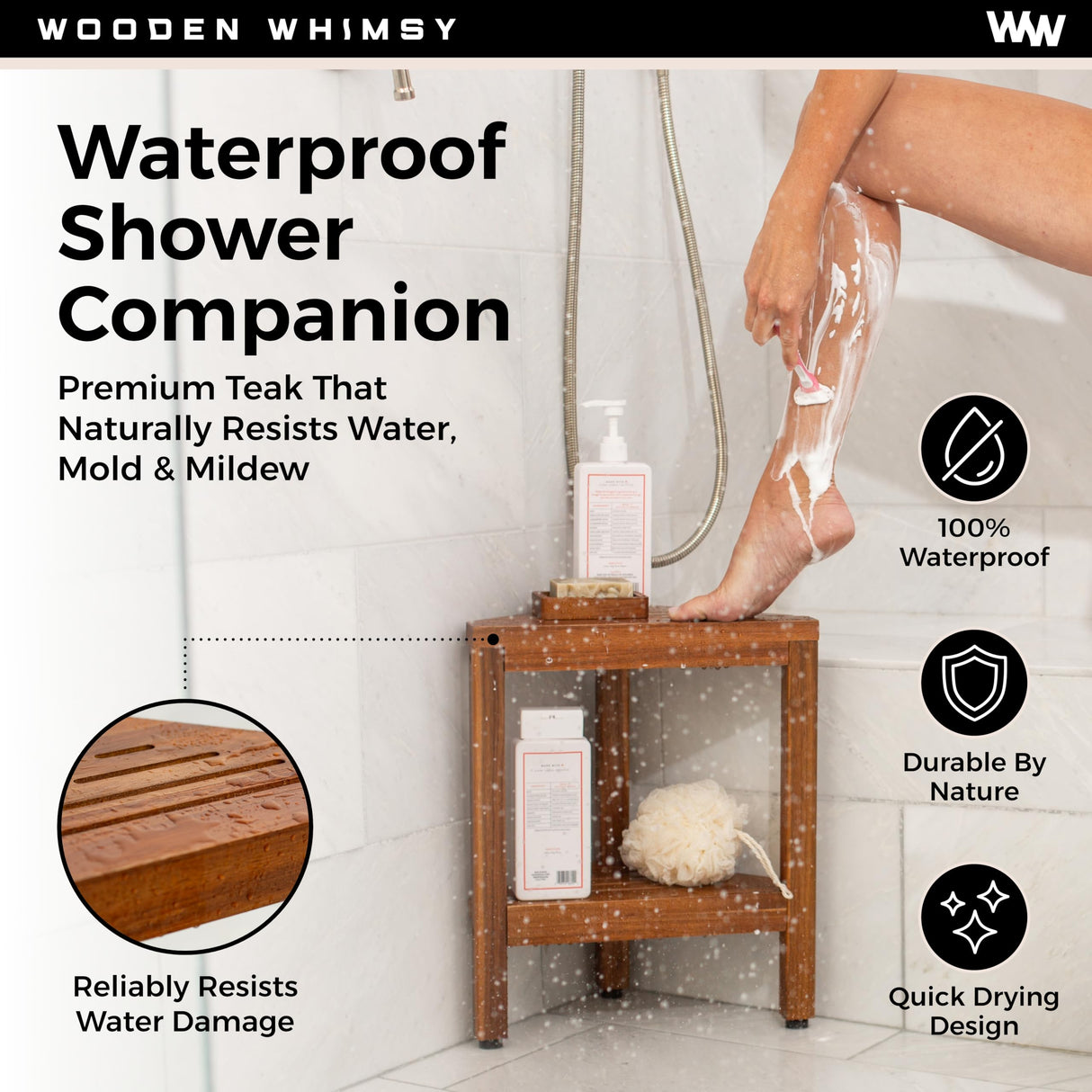 Teak Corner Shower Bench with Matching Soap Holder - Sturdy Waterproof Bathroom Stool Chair with Storage Shelf for Bathing Supplies - Bath Seat and Foot Rest for Shaving Legs - 15" x 15" x 18" Wooden Whimsy