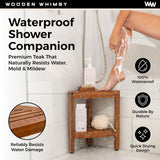 Teak Corner Shower Bench with Matching Soap Holder - Sturdy Waterproof Bathroom Stool Chair with Storage Shelf for Bathing Supplies - Bath Seat and Foot Rest for Shaving Legs - 15" x 15" x 18" Wooden Whimsy