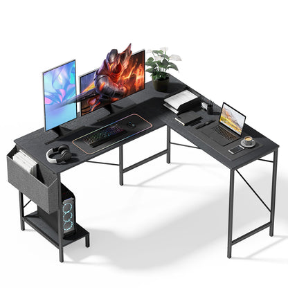 Simple Deluxe L Shaped Desk Gaming Computer 50 Inch Reversible Corner Table PC Work Table for Writing Study Student with Wood Tabletop Metal Frame CPU Stand Side Bag for Home Office Small Place