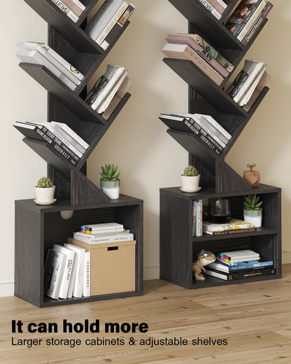 SUNMORY Black 6-Tier Tree Bookshelf with Storage Cabinet - Modern Narrow Floor Organizer for Home and Office - WoodArtSupply