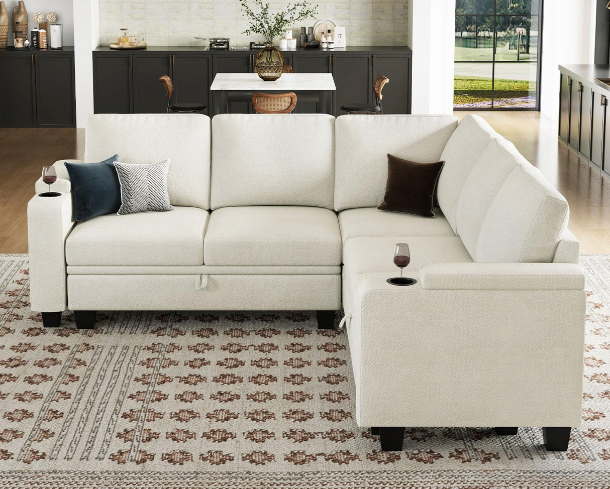 Belffin Fabric L Shaped Sectional Couch with Storage, Small Modular Sectional Corner Sofa with Chaise, Armrest with Cup Holder. Beige Couch. Belffin