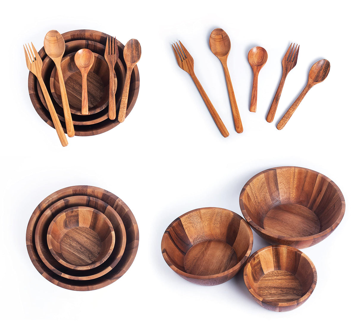 BestySuperStore Nesting Round Wood Bowls Mix Size 9½”, 8½”, 7” Stackable Acacia Wooden Bowl Set with Spoons and Forks for salad dip sauce snack rice pasta soup fruit cereal Tableware Nested Dish Sets BestySuperStore