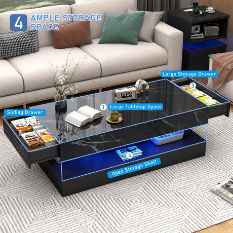 chartustriable 47inch Large High-Glossy LED Coffee Table with 2 Sliding Drawers, Living Room Storage Tables with Marbling Print, Modern Stylish Double-Layer Center Tables w/LED Lights, Black chartustriable