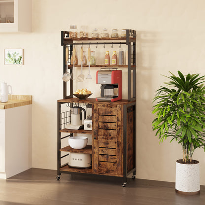 IRONCK Vintage Brown Bakers Rack with Power Outlets, Wheels, and Storage Cabinet - WoodArtSupply