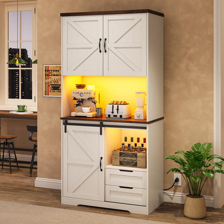 UPOSOJA Farmhouse Kitchen Pantry Storage Cabinet with Drawers & Shelves, Freestanding Hutch and Adjustable Shelves, Versatile Storage for Kitchen, Dining Room, Living Room (Old White) UPOSOJA