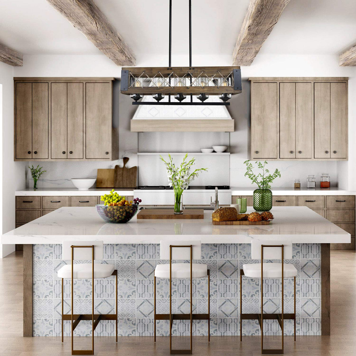 LALUZ Farmhouse Chandelier, 5-Light Kitchen Island Lighting with Clear Glass, Wood and Black Finish, 32 Inches LALUZ