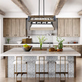 LALUZ Farmhouse Chandelier, 5-Light Kitchen Island Lighting with Clear Glass, Wood and Black Finish, 32 Inches LALUZ