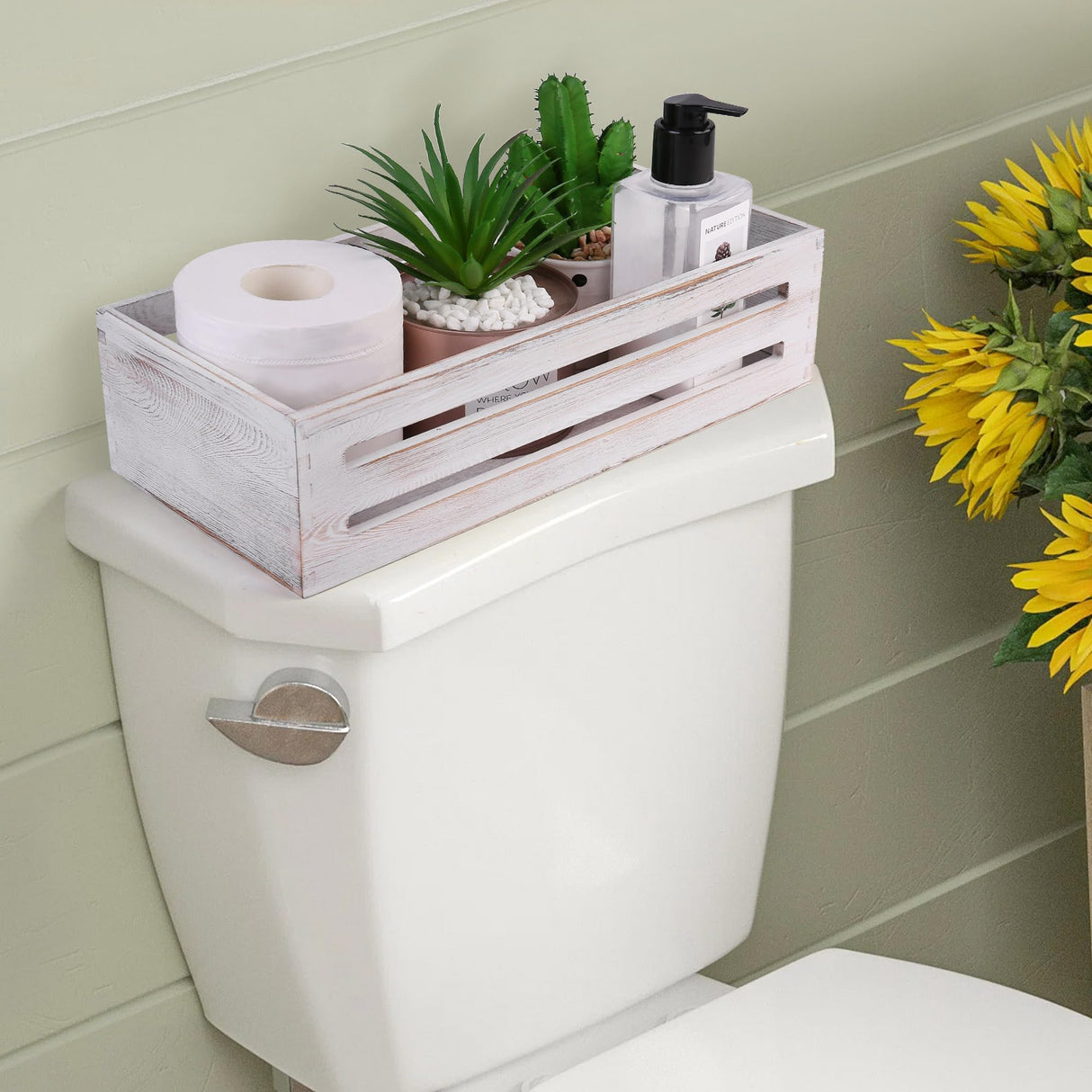 LotFancy Bathroom Decor Box, 2 Pack Wooden Toilet Paper Holder, White Toilet Storage Basket for Back of Toilet, Farmhouse Toilet Tank Topper LotFancy