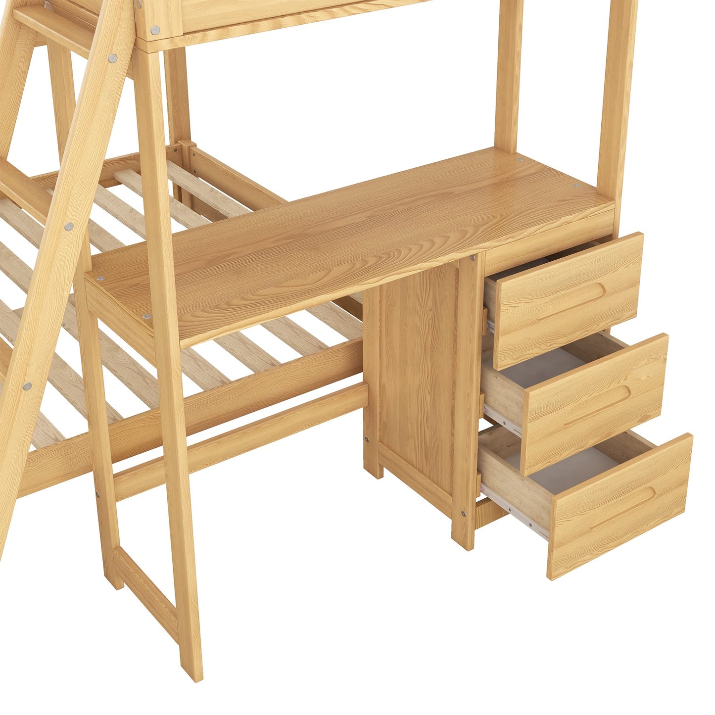 Twin Over Full Solid Wood Bunk Bed with Built-In Desk and Storage Drawers, Natural Finish - WoodArtSupply