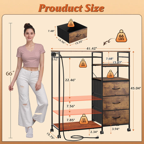 WLIVE Dresser with Hanging Rack for Bedroom, 3 Drawer Dresser with LED Lights & Charging Station, Fabric Dressers & Chest of Drawers, Storage Organizer with Open Shelves for Living Room, Brown WLIVE