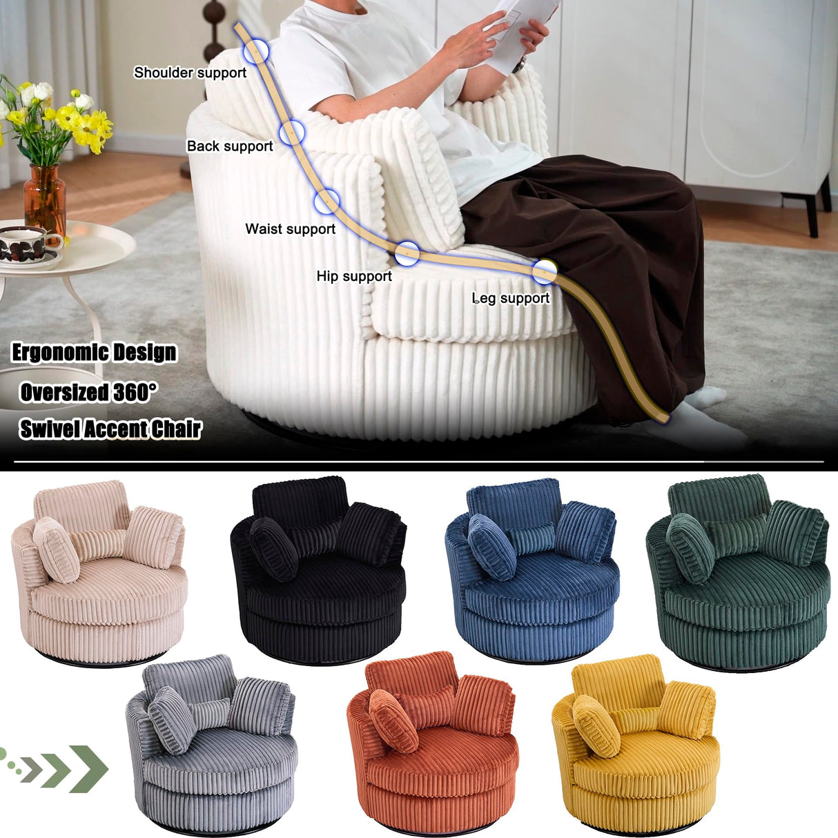 YABTOP Oversized Swivel Accent Barrel Chair with Pillows,Modern Round Plush Cuddler Reading Chair Comfy for Bedroom Living Room,Corduroy Gray YABTOP