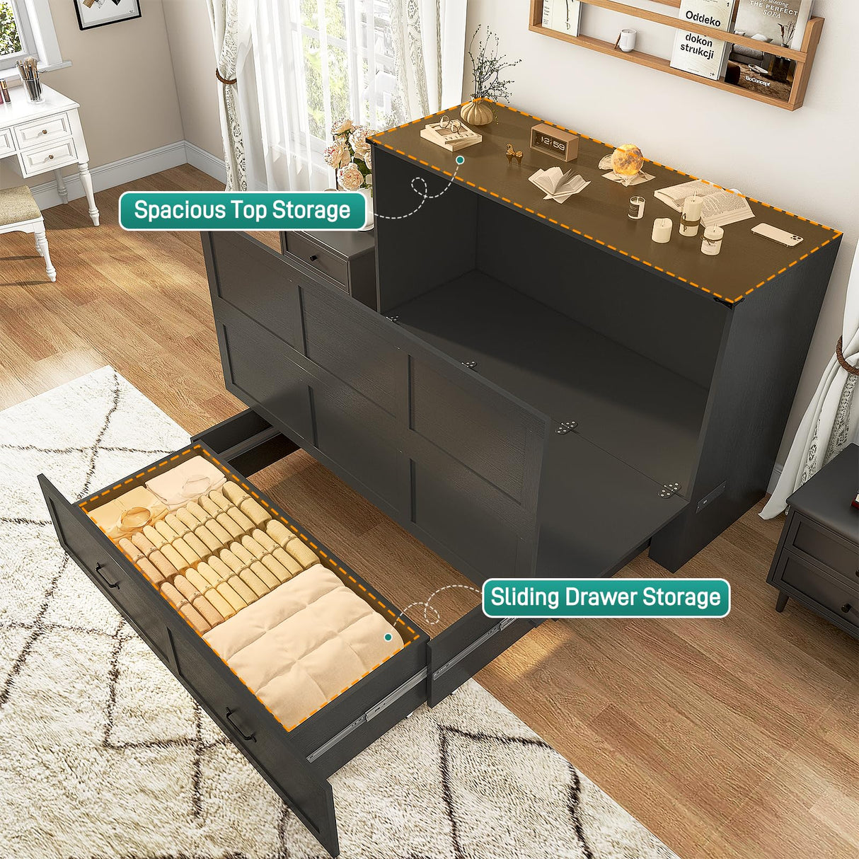 Hlivelood Queen Size Murphy Chest Bed with Drawer and Charging Station, Farmhouse Wood Space-Saving Hidden Folding Bed Chest, Multifunctional Storage Cabinet Beds for Bedroom, Office, Black Hlivelood