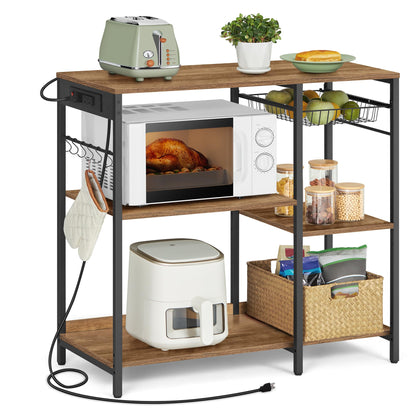 VASAGLE Rustic Walnut Baker's Rack with Integrated Charging Station and Storage Solutions - WoodArtSupply