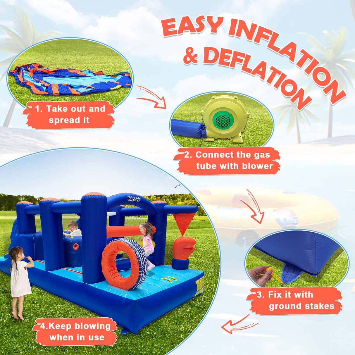 Hapcap 18' x 7.5' Inflatable Obstacle Course Bounce House for Big Kids,Wide Slide,2 Climbing Walls,Jumping Area,Simple Boxing Theme for Backyard Party Hapcap