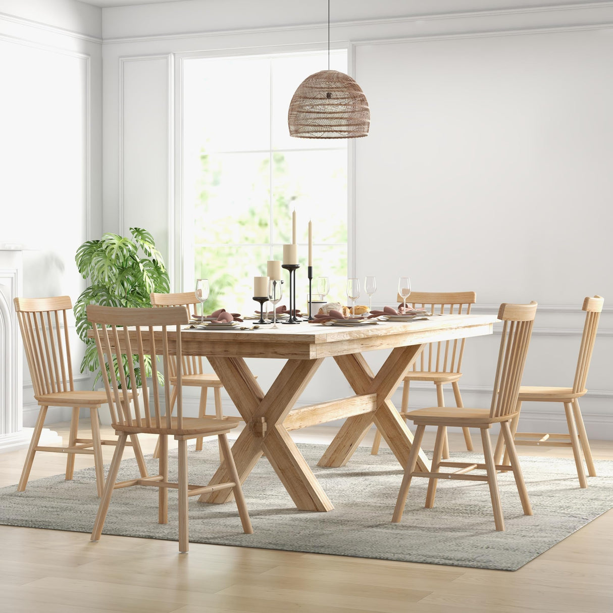 DM Furniture Dining Room Chairs Set of 6, Windsor Dining Chair with Spindle Back, Farmhouse Armless Side Chair, Solid Wood French Country Kitchen Chairs for Home/Patio/Restaurant, Natual DM Furniture
