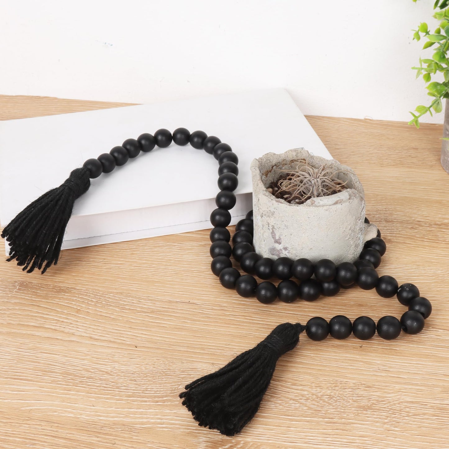 RAMIRABI Wood Beads Garland with Tassels Farmhouse Beads Rustic Prayer Beads Boho Beads for Boho Home Decor,Wall Hanging Decoration (Black)