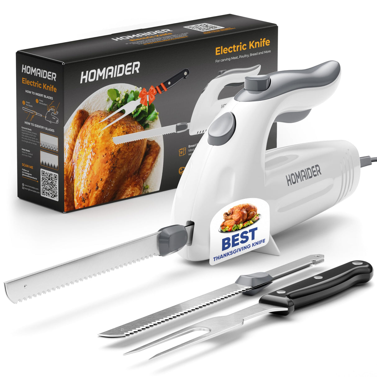 Homaider Electric Knife for Carving Meat, Turkey, Bread & More. Serving Fork and Carving Blades Included Homaider