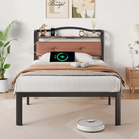UOMEUR Twin Bed Frame With Headboard & Charging Station - Black Metal Single Bed for Kids, Toddler, Boys, Girls, Adult - No Box Spring Needed, Easy Assembly, Noise Free UOMEUR