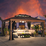 MELLCOM 12'x16' Hardtop Gazebo, Wooden Finish Coated Aluminum Frame Gazebo with Galvanized Steel Double Roof, Metal Gazebo with Curtains and Nettings for Patios, Gardens, Lawns MELLCOM