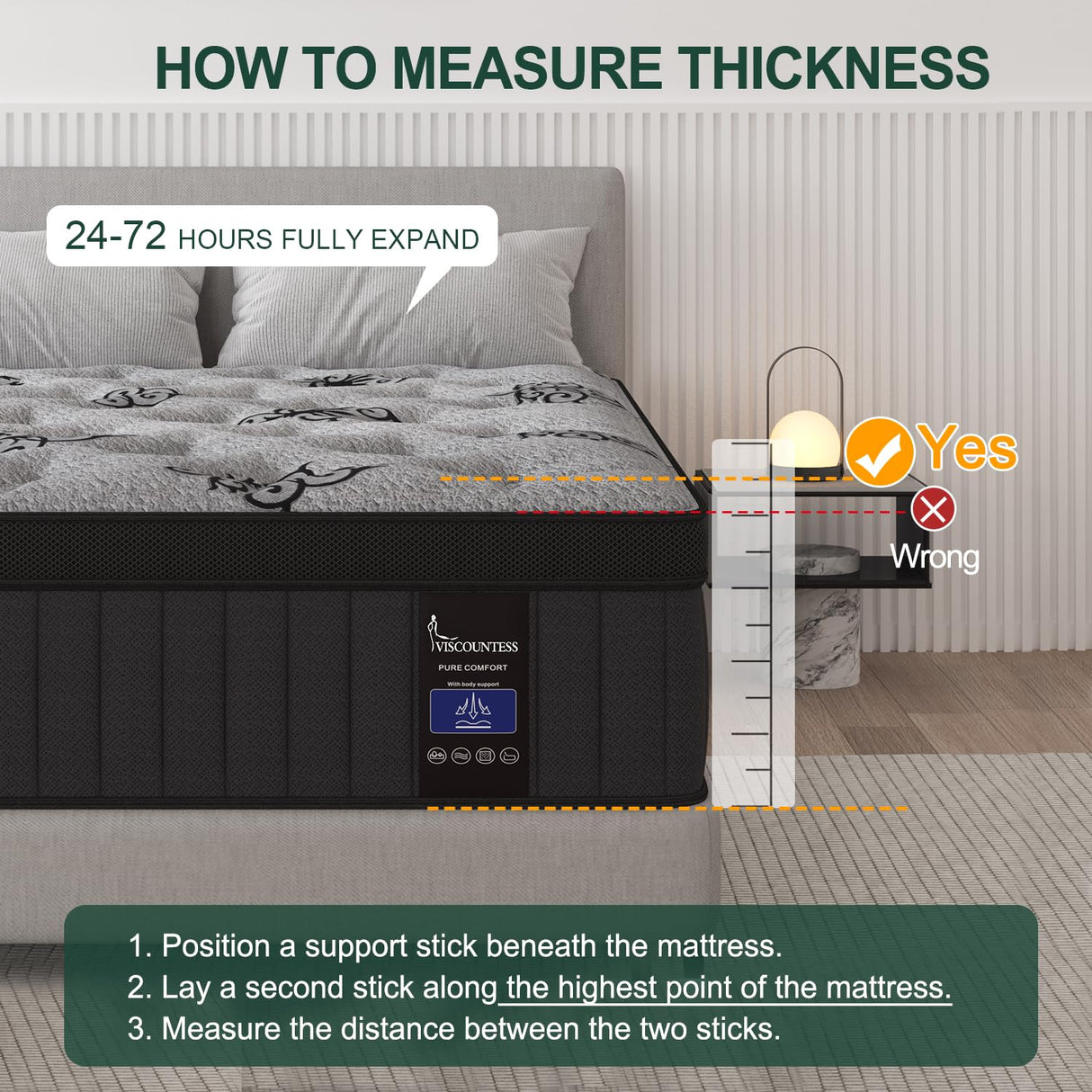 VISCOUNTESS Queen Mattress, 14 Inches Hybrid Mattress Bed in a Box with Gel Memory Foam & Pocket Spring, Euro Top, Medium Firm for Back Support & Pressure Relief, Motion Isolation, Grey VISCOUNTESS