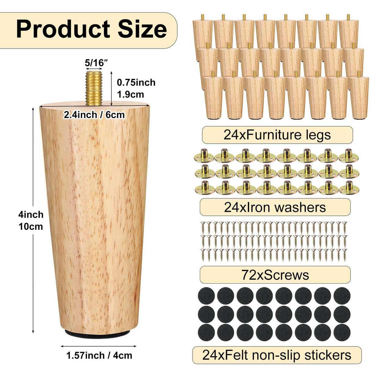 Maitys 4 Inch Round Solid Furniture Legs Furniture Wooden Replacement Feet Chair Dresser Couch Legs Table Cabinet Sofa Legs Footstool DIY Projects for Home (Wood,24 Pcs) Maitys
