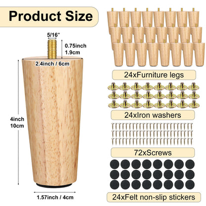 Maitys 4 Inch Round Solid Furniture Legs Furniture Wooden Replacement Feet Chair Dresser Couch Legs Table Cabinet Sofa Legs Footstool DIY Projects for Home (Wood,24 Pcs)