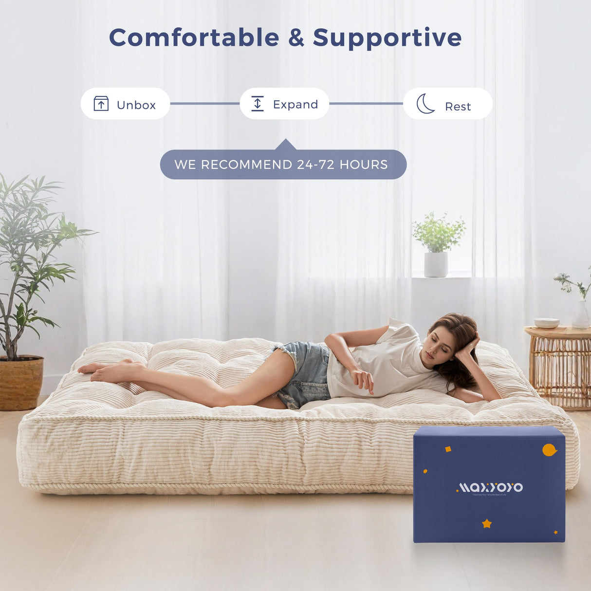 MAXYOYO 8" Futon Mattress Queen Size, Ultra Thick Futons Sofa Couch Bed Tufted Sleeper Sofa Bed, Floor Mattress for Adults, Shredded Foam Filling (Frame Not Included), Beige MAXYOYO