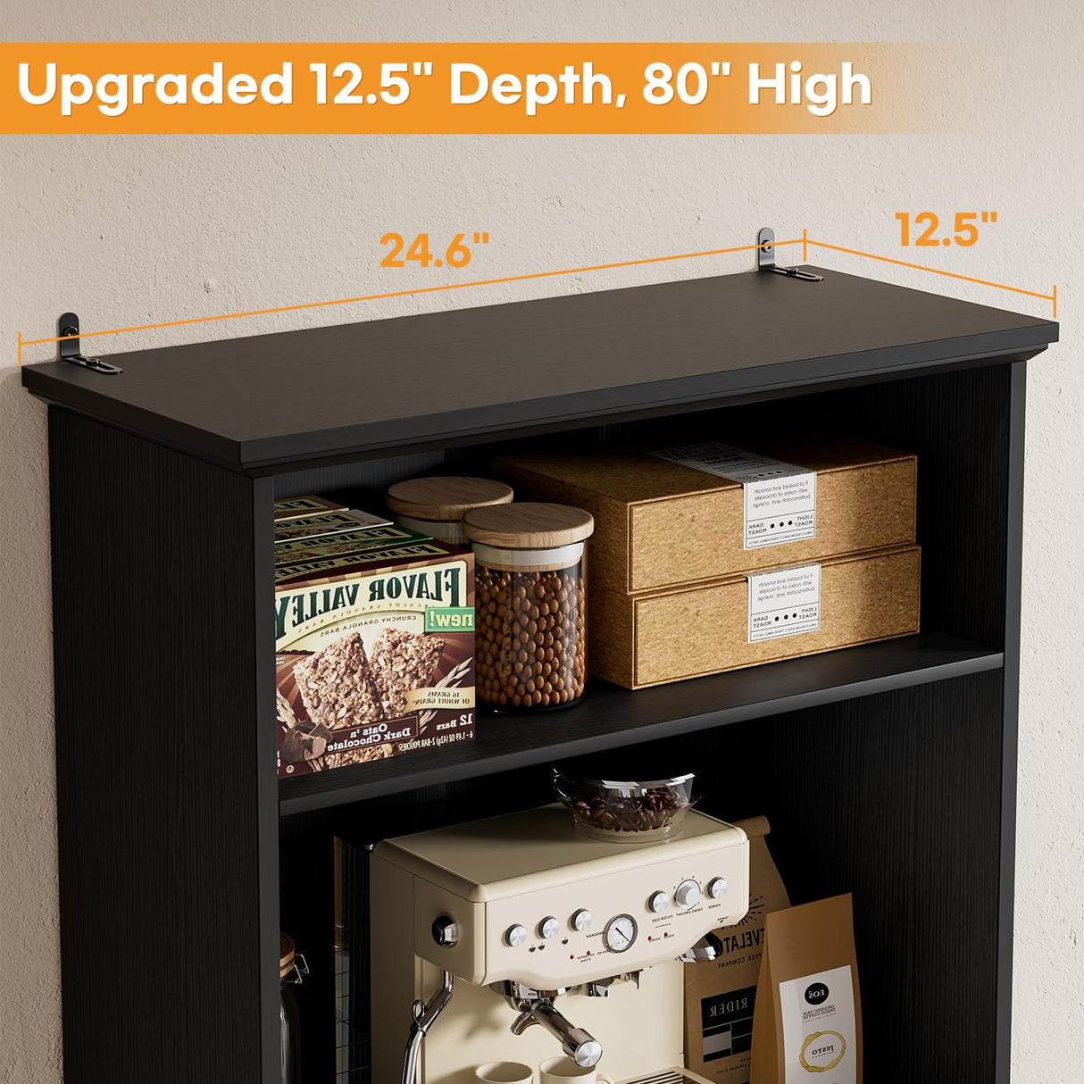 Cyclysio 80" Tall Bookcase, Farmhouse Bookshelves with Drawer and Doors, Floor Standing 6 Shelf Display Storage Cabinet for Home Office, Living Room (1, Black) Cyclysio