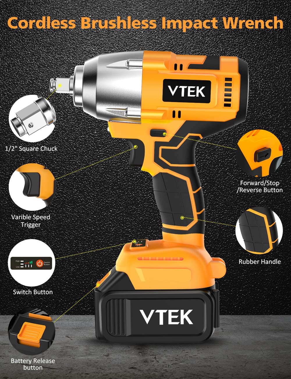 VTEK Brushless Impact Wrench 1/2 Inch Cordless Impact Wrench,Max Torque 700N.m Impact Gun 515 ft-lbs for Car Tiers - WoodArtSupply