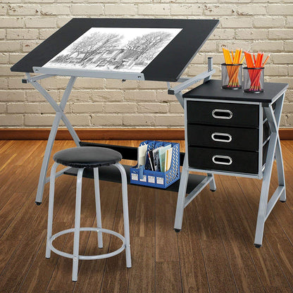 BBBuy Drafting Table Drawing Desk Art Craft Adjustable Tabletop Craft Table w/ 3 Slide Drawers and Stool Set Art Design Workstation for Writing, Painting, Sketching for Home Office, Black