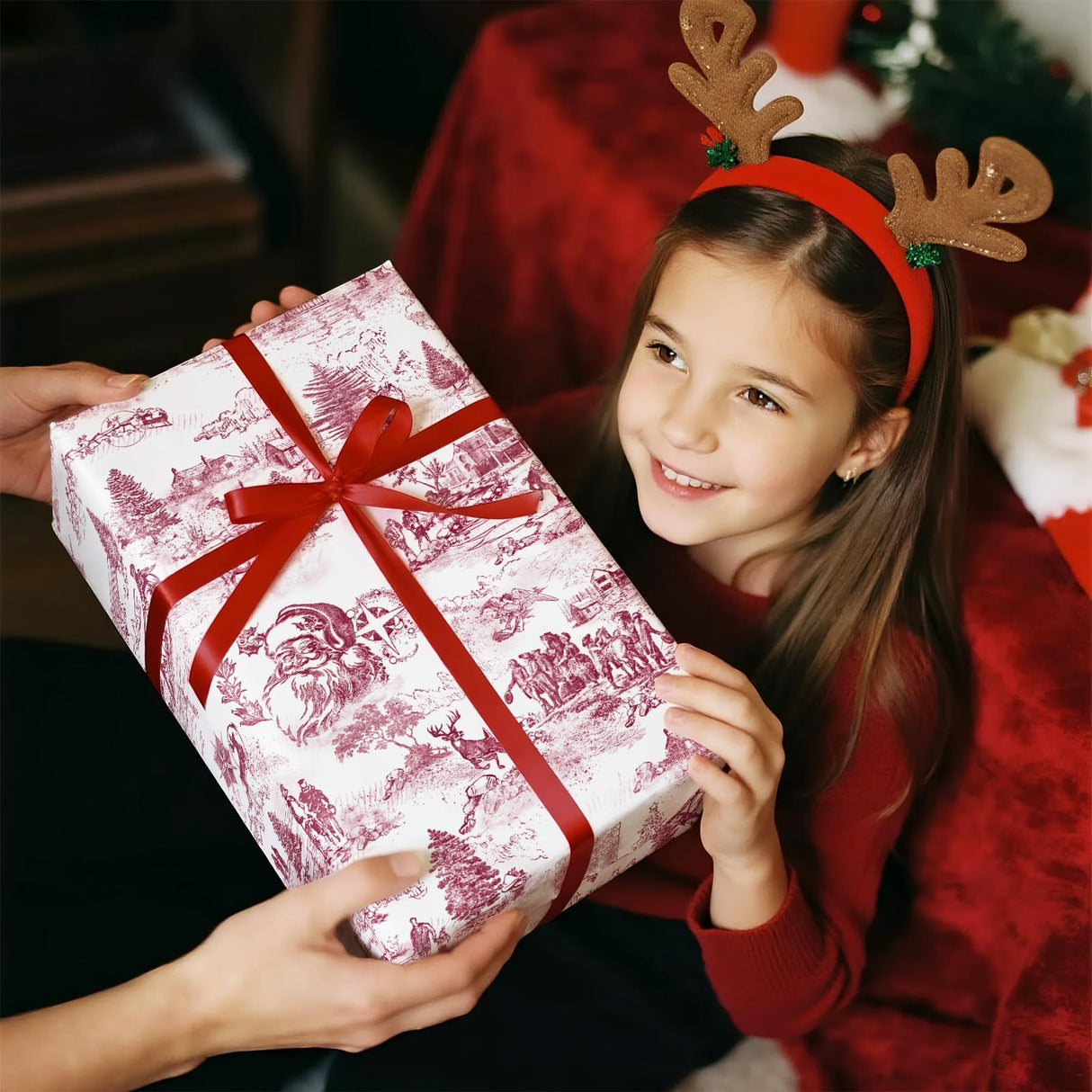 WRAPAHOLIC Toile Vintage Christmas Wrapping Paper - Mini Roll - 17 Inch x 16.5 Feet - Santa Toile de Jouy Red Christmas Wrapping Paper for Xmas Holiday, Party Celebration WRAPAHOLIC