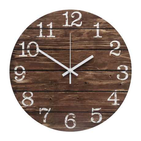 bakbrand Wall Clock 12 Inch Imitation Wood Silent Non-Ticking Indoor Clock Round Brown Decor Clock Rustic Minimalist Battery Operated Wall Clocks for Farmhouse, Hotel, Bedroom, Living Room, Kitchen bakbrand