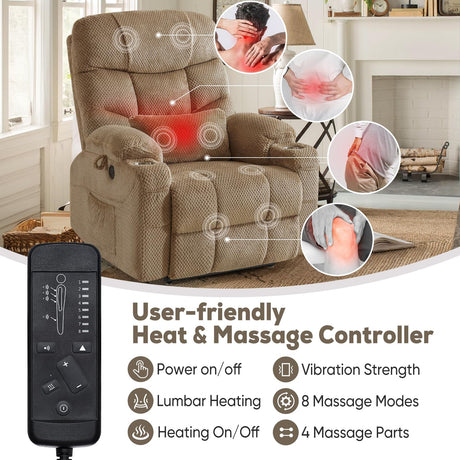 ABCASA Oversized Dual Motor Lay Flat Power Lift Recliner Chair with Massage, Heating, Lumbar Pillow, USB & Type-C Ports, Textile Lift Chairs Recliners, Large Recliner for Big & Elderly People - Beige ABCASA
