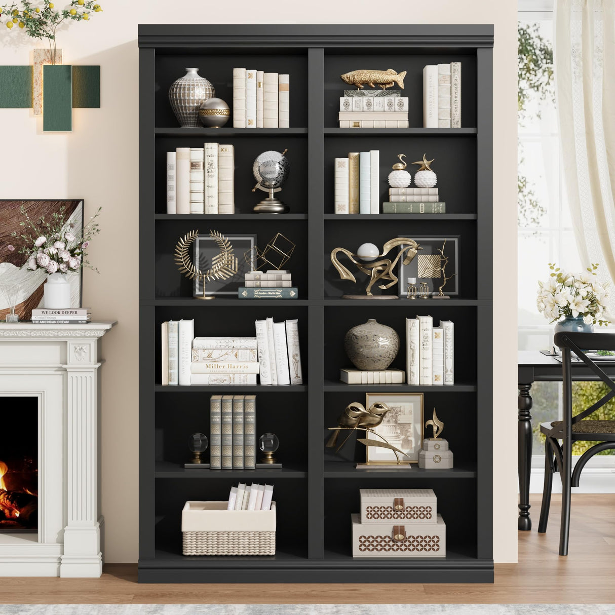 Garvee 74.5" Tall Bookshelf with Double Storage, 6-Tier Large Bookshelf, Double Wide Bookshelves w/ 12 Cubbies, Wide Freestanding Bookcases for Livingroom Office Library (Blcak, 74.5"H*46.1"W*12.4"D) Garvee