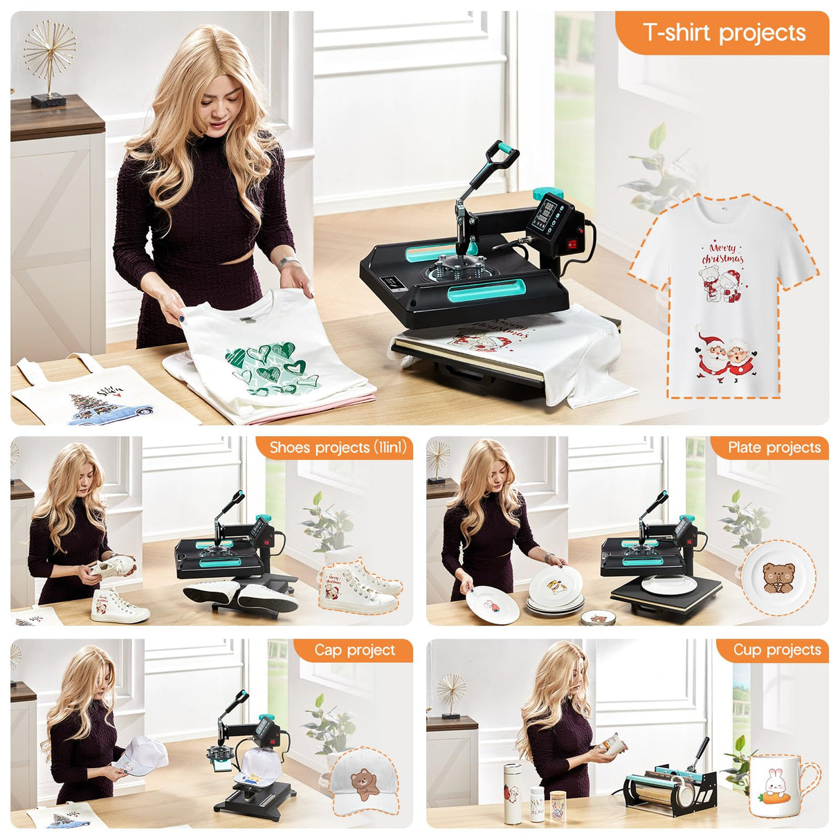 Specraft 11-in-1 Combo Heat Press, 15x15 360° Swing-Away Digital Sublimation Machine for T-Shirts Mugs Hats Plates Shoes, Green Black SPECRAFT