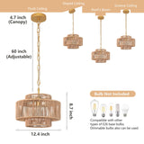 Bagood 12.4" Rattan Chandelier 1 Light Woven Rattan Pendant Light Boho Wicker Pendant Lighting Fixture Farmhouse Chandelier Light Fixture 3-Tier Drum Wicker Rattan Golden Chandelier for Dining Room Bagood