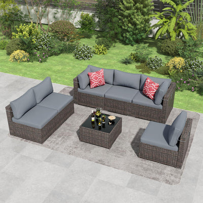 Tradare 7 Pieces Outdoor Patio Furniture Set, Wicker Patio Conversation Sectional Couch Set, All Weather PE Rattan Sofa with Glass Table and Grey Cushions