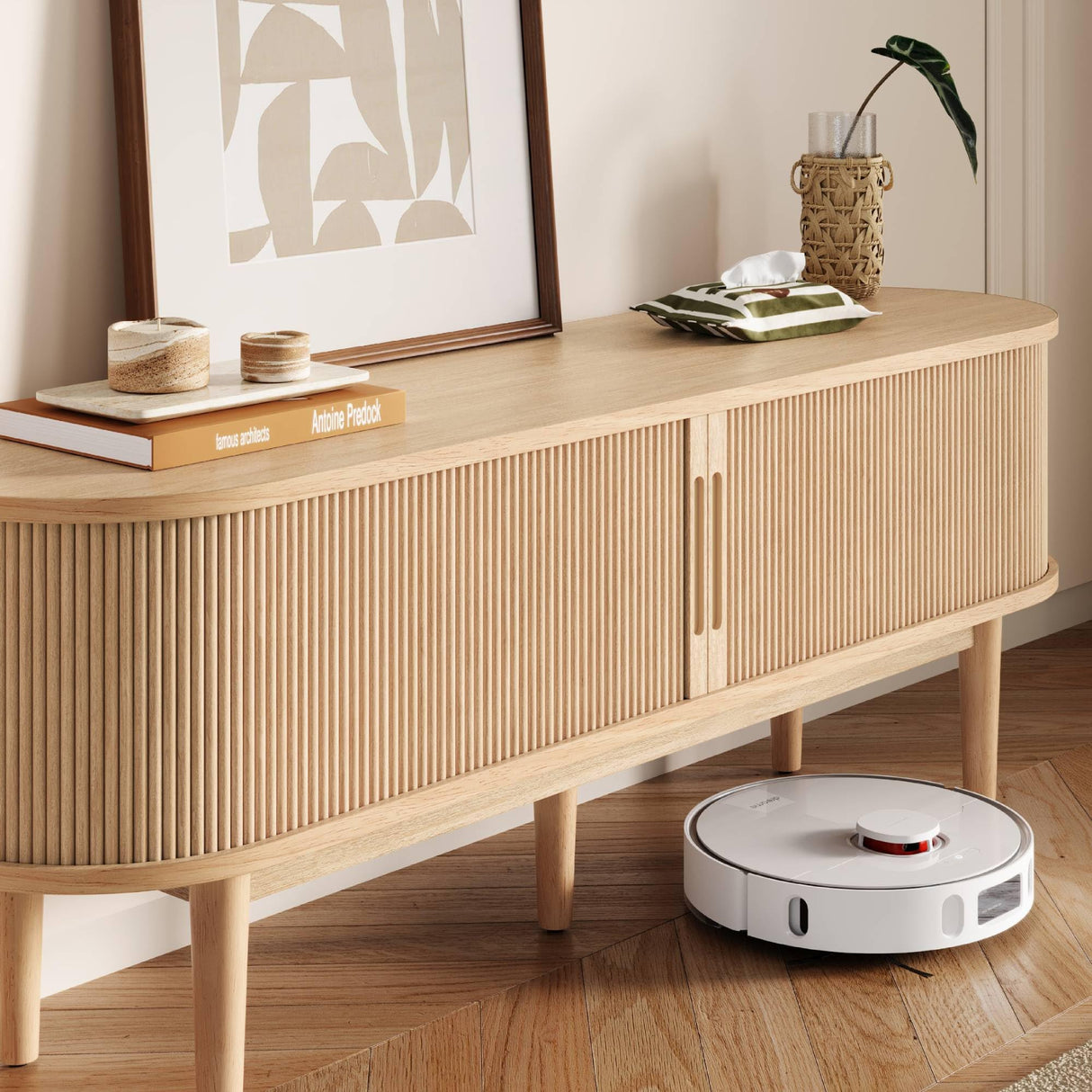 LINSY HOME TV Stand for 65" TV, Mid-Century Modern 58" Entertainment Center with Sliding Tambour Door and Storage Cabinet, Cruved TV Media Console Table for Living Room, Bedroom, Oak LINSY HOME